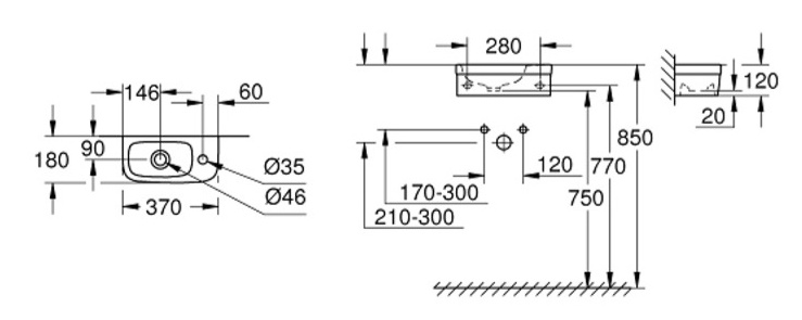 Umývadielko do WC 37 cm závesné technický nákres