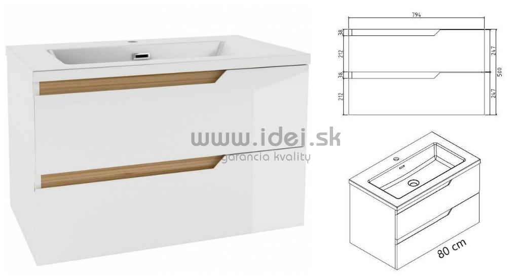 Kielle OUDEE skrinka s umývadlom 80 cm lesklá biela/tmavý dub