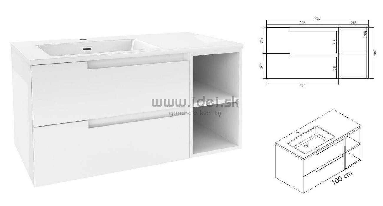 Kielle OUDEE skrinka s umývadlom lesklá biela 100 cm, ľavý variant