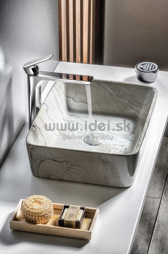 Obdĺžnikové keramické umývadlo na dosku s imitáciou mramoru šedé