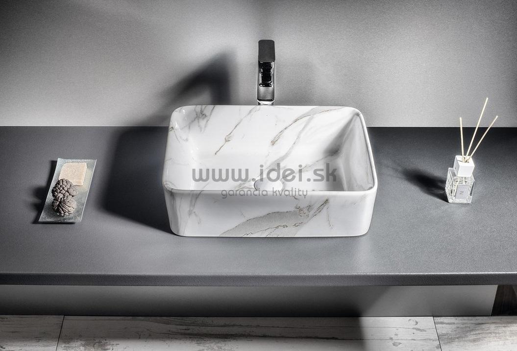 Obdĺžnikové keramické umývadlo na dosku s imitáciou mramoru šedé